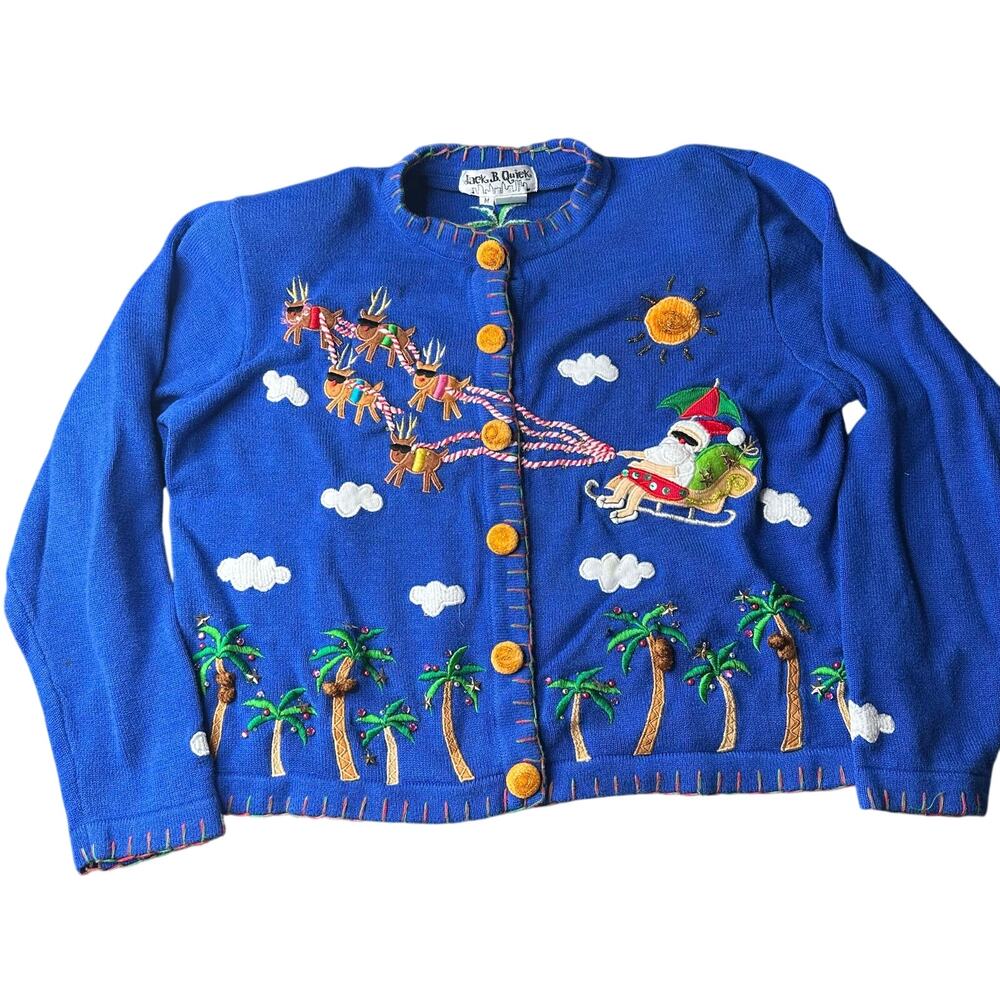 Vintage Jack B Quick Tropical Santas Ugly Christmas Cardigan Chunky Knit M